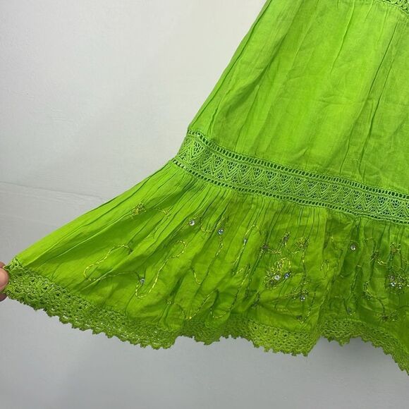KommotionNY Boho Pull On  Tiered embellished Crochet detailed green skirt Large - Picture 5 of 10